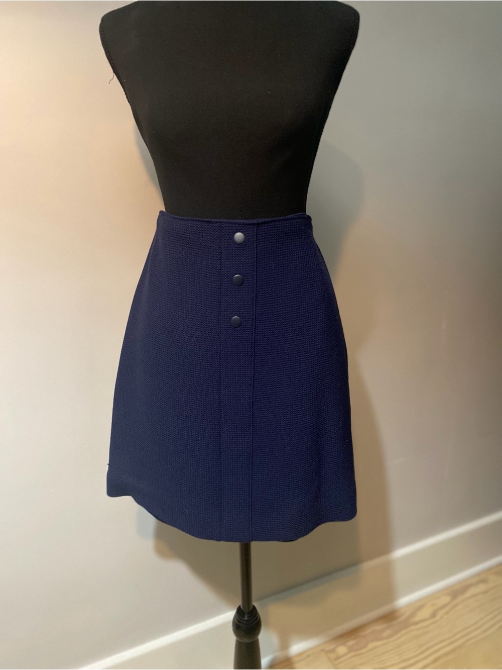 Club Monaco Navy Textured A-Line Skirt with Button Placket
